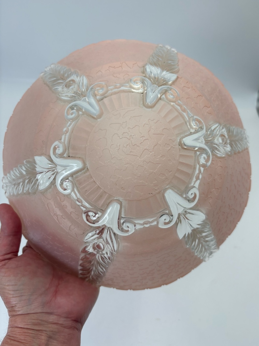 Vintage Art Nouveau Pink Art Glass Light Fixture with White Relief Accents